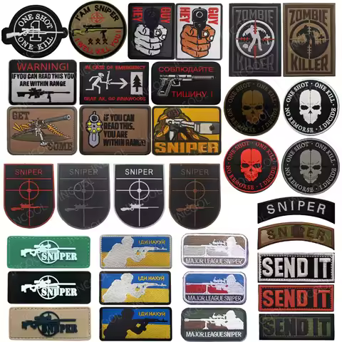 Sniper Embroidered Patches One Shot One Kill Patch Airsoft Send it Zombie PVC Rubber Skull Patches F
