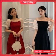 【Malaysia stock】Women Off Shoulder Mesh Puff Sleeve Dress Sexy Slim Waist Short Sleeve Causal Dress 
