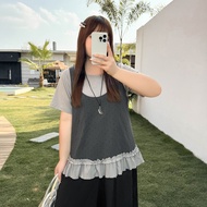 Miss38 Contrast Color Gray Cute Dotted Fake Two Pieces T-Shirt [EX9280] Large Size Short-Sleeved Top