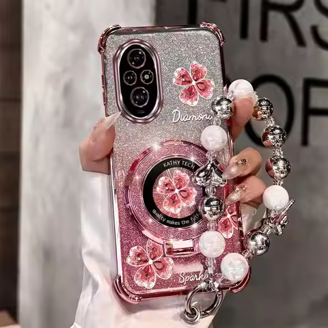 Pearl Strap Glitter Pink Clover Phone Holder Case On For Huawei Honor 9X Pro 60 70 80 90 100 200 300
