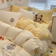 Cute Cartoon Embroidered Duvet Cover Set Four-Piece Washed Cotton Bed Sheet Duvet Cover Bedding Set 