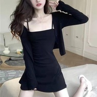 Fashionable A-Line Mini Dress Set High Waist Crop Top Long Sleeve Pure Color Empire Waist Two-Piece 