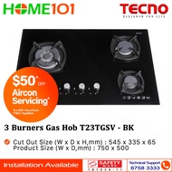 Tecno Glass Cooker Hob 3 Burners T23TGSV - Black - LPG / PUB - FREE INSTALLATION