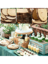 2入組未完成的木片作為中心，配有圓形木盤、樹皮和木質餅乾圓作為手工裝飾品，木片是鄉村風格的婚禮裝飾品