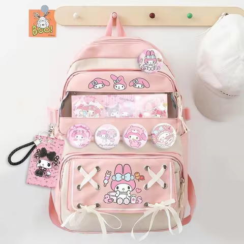 Kawaii Melody Kuromi Backpack Black White Lace Bow Student School Bag Cute Cartoon Girls Large Capac
