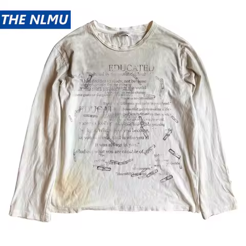 Vintage Long Sleeve T Shirts Letter Graphic Dirty Washed T-shirts Loose Casual Tee Tops Unisex Retro