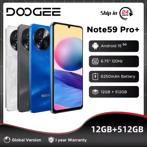 Global Version DOOGEE Note59 Pro+ 5G Smartphone 36GB(12+24) 512GB 6.75" HD+ 120Hz UNISOC T8200 50MP 