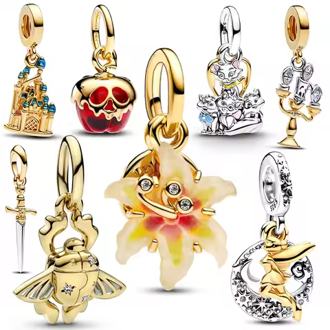 Charms plata de ley Disney Gold Plated Lily Flower Pendant Beads Fits 3mm Bracelets Necklace For Wom