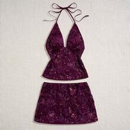 Women's Summer 70's Party Disco Set,Dark Purple Sequin Camisole Top&A-Line Mini Skirt,American Baddi
