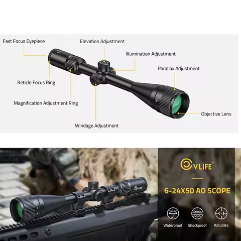CVLIFE 6-24x50 AO Rifle Scope for Hunting Optics Sight Red Green Illuminated Mil-Dot Reticle 1 Inch 