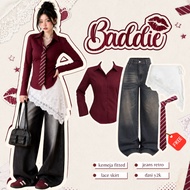 KEMEJA Desire_Style | One Set Baddie Korean Style PremiumWanita | Burgundy Fitted Stripe Shirt + Ret