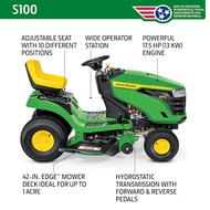 John Deere S100 รถตัดหญ้านั่งขับ 17.5 แรงม้า | เครื่องยนต์เบนซิน | ระบบไฮโดรสแตติก | ใบมีดตัด 42 นิ้
