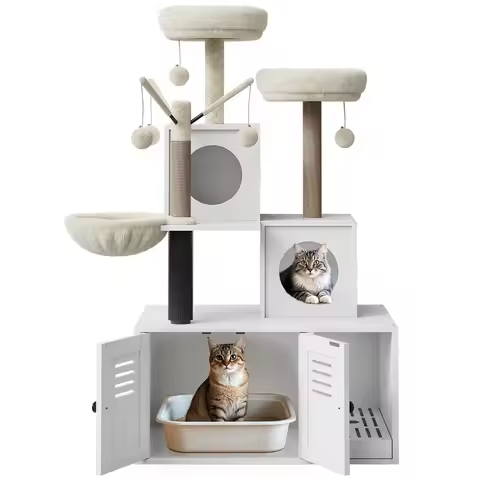 3-in-1 Cat Litter Box Enclosure With Cat Tree Tower Hidden Washroom Furniture Sisal Scratching Post 