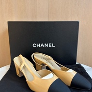 Chanel香奈兒slingback 經典米黑配色粗跟涼鞋