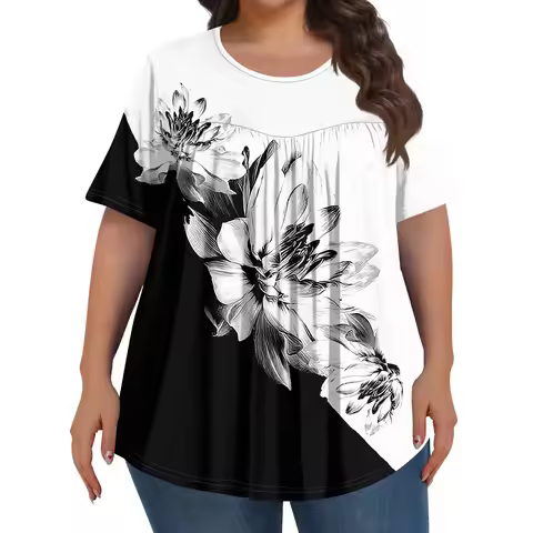 4XL 5XL 6XL Plus Size T Shirt For Women Floral Print Tops V-Neck Short Sleeve Summer Loose Casual Wo