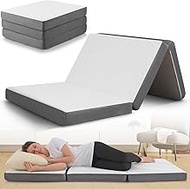 Tri Folding Mattress with Memory Foam Layer - Trifold Foldable Bed Mattress with Washable Cover | Non-Slip Bottom Camping Floor Mattress Perfect Guest Bed