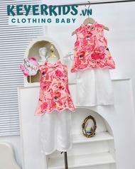 Set quần áo trung thu bé gái Keyer Kid chất lụa gấm mềm họa tiết hoa đáng yêu + kèm quạt SN01