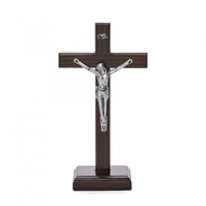 Catholic Sitting Cross Teak Wood Finishing Sono Corpus Silver 22cm Corpus Cross Wooden Sitting Cross