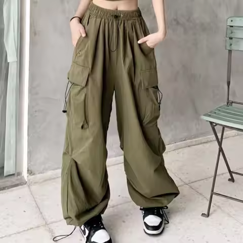 Women Casual Baggy Cargo Pants Solid Low Waist Joggers Tech Drawstring Wide Leg Baggy Trousers Y2K S