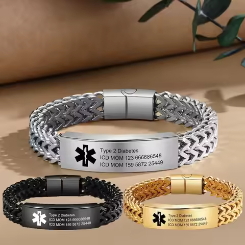 Personalized Medical ID Bracelet Engraved Stainless SteelLink Chain Emergency Alert Wristband Magnet