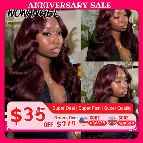Dark Burgundy Glueless Human Hair Wigs For Women 99j Red Colored Wear & Go Body Wave Wig 13x6 HD Lac
