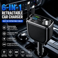 240W Car Charger With 70CM Retractable Dual Type C Cable Fast Charging 6-in-1 Car Phone Charger for 