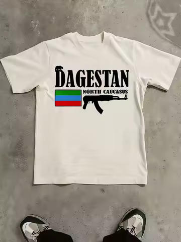 Dagestan T Shirt White Cotton Regular Fit Dagestan Flag and Ak 47 Gun Print North Caucasus Text Desi