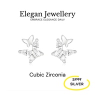 Elegan Jewellery S999 Pure Silver Twin Butterfly CZ Sparkling Stud Earrings