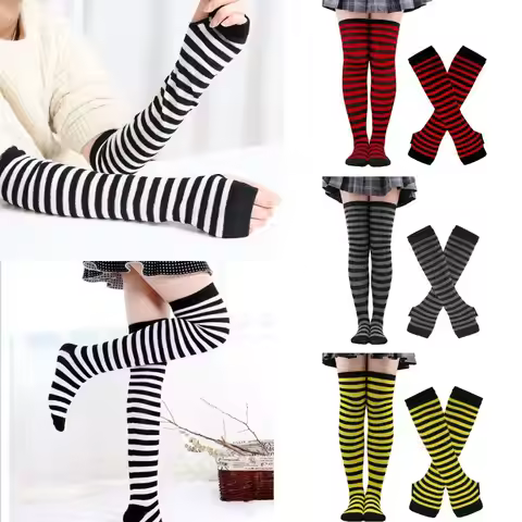 Women Stripe Over Knee Socks Arm Sleeve Warm Thigh Socks Fingerless Gloves Set Gothic Cosplay Ladies