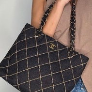 稀有中古包 Chanel 黑色毛呢鏈條托特包 單肩包 側背包 古著包