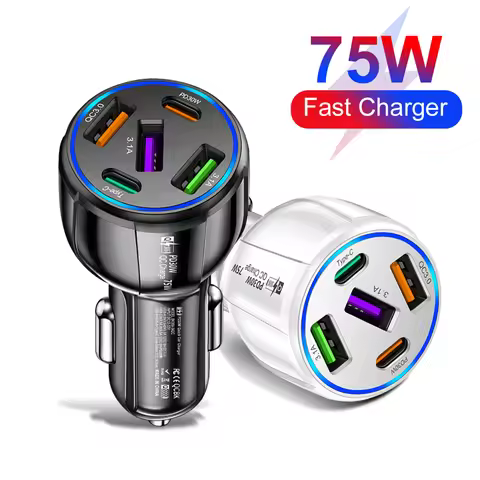 75W USB Car Charger 5 Ports PD Type C Fast Charging Charger In Car For iPhone Samsung Xiaomi Huawei 