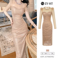 ZY.HT EraVogue เดรสผู้หญิง เดรสสีทอง ชุดราตรี เดรสแขนยาว เดรสผ้าเลื่อม เดรสไฮโซ เดรสออกงาน เดรสไปงาน