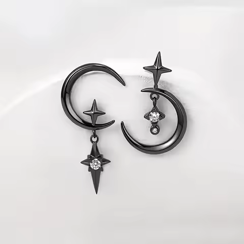 Personalized Star and Moon Earrings, Black Tone Moon with Star Elements, Rhinestone Embellishment, A