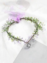 1 pieza de Corona Floral Artificial de follaje verde con forma de corazón, accesorio para el cabello con detalles de diamantes de imitación, adecuado para bodas, fiestas, viajes, aniversarios, banquetes y bailes de salón.