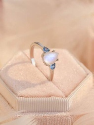 1 anillo de plata esterlina S925 con piedra natural de luna y circonita, de moda y minimalista, adecuado para que las mujeres lo usen diariamente o en cualquier ocasión