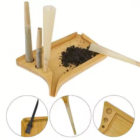 Portable Wooden Tobacco Rolling Tray with Brush And Pre Rolled Cone Holder Multifunctional Herb Roll