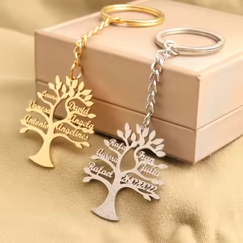 Custom Frosted Tree Of Life Name Keychain Personalized 1-6 Names Pendant Stainless Steel Jewelry For