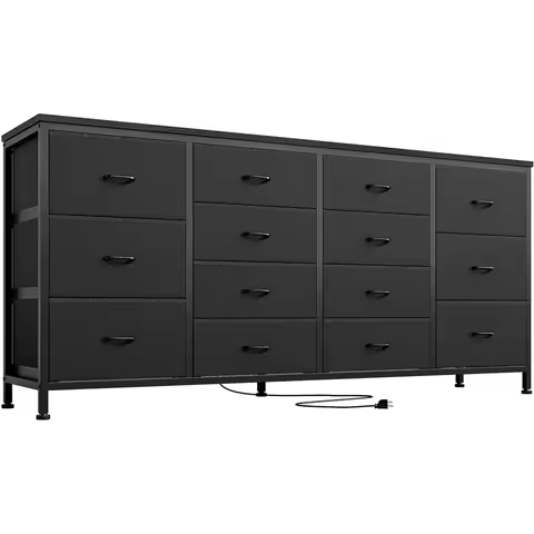 14 Drawer Dresser 63 in Black Fabric Dresser TV Stand with Power Outlet for 65 70 75 in TV Long Ente