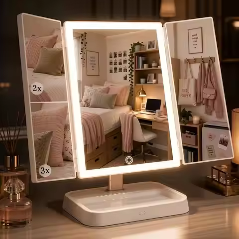 Tri‑Fold Lighted Makeup Mirror, 2400mAh Vanity Mirror | 3X/2X/1X Magnification with Suction Cup and 