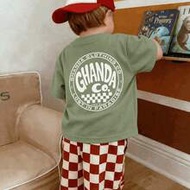 1pc Young BoyRound Neck Short Sleeve "GHANDA Co." Checkerboard Graphic T-Shirt