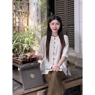 Bộ đồ lam đi chùa nữ đẹp quần áo đi chùa phối nút Thiên Di pháp phục lễ phật chất vải đũi vân D41