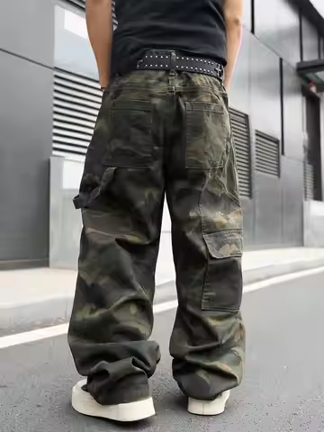 Men Camo Cargo Pants Vintage Camouflage Multi‑Pocket Baggy Wide Leg Carpenter Workwear Streetwear Lo