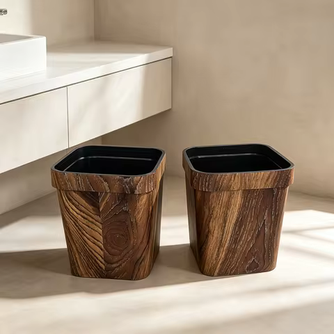 Warm Brown Wood Grain Kitchen Trash Bin 2-Piece Bundle, Detachable Top Ring to Hold Disposable Trash