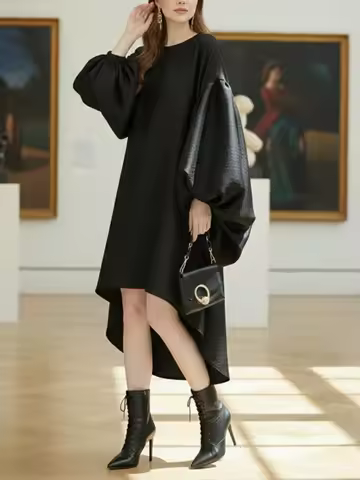 UOOZEE Women's Elegant Solid Color Puff Sleeves High Low Dress 2026 New Spring Oversized Pleated Par