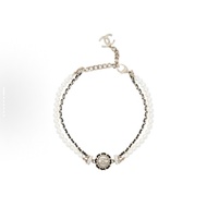 Chanel 21K 黑色山茶花皮穿鏈拼珍珠雙層Chocker項鍊 Jennie同款 鏈長約41cm