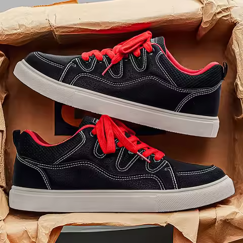 Men's Casual Skate Shoes - Black with Red/White Laces, Fashion Streetwear Sneakers for Men, Comforta