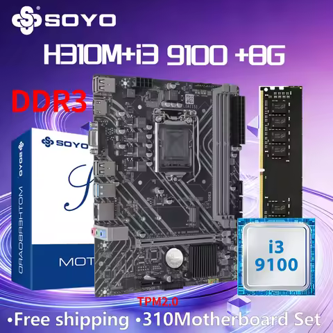 SOYO H310M DDR3 Motherboard i3 9100 CPU 8G RAM Intel LGA1151 TPM2.0 Computer Combo Kit Xeon PC GAME 