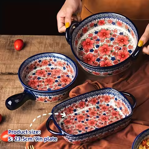 Hand-Painted Ceramic Roasting Pans with Handles - Floral Design Bakeware for Oven, Casserole Dish, C