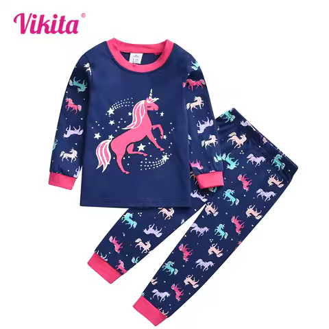 VIKITA Children Clothing Sets Kids Licorne Print Cotton Casual O Neck T Shirt and Pants 2 Pcs Suit H