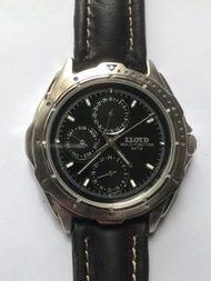 LLOYD Multi Function 銀色圓形黑色錶面星期、日曆、24小時功能黑色皮帶手錶